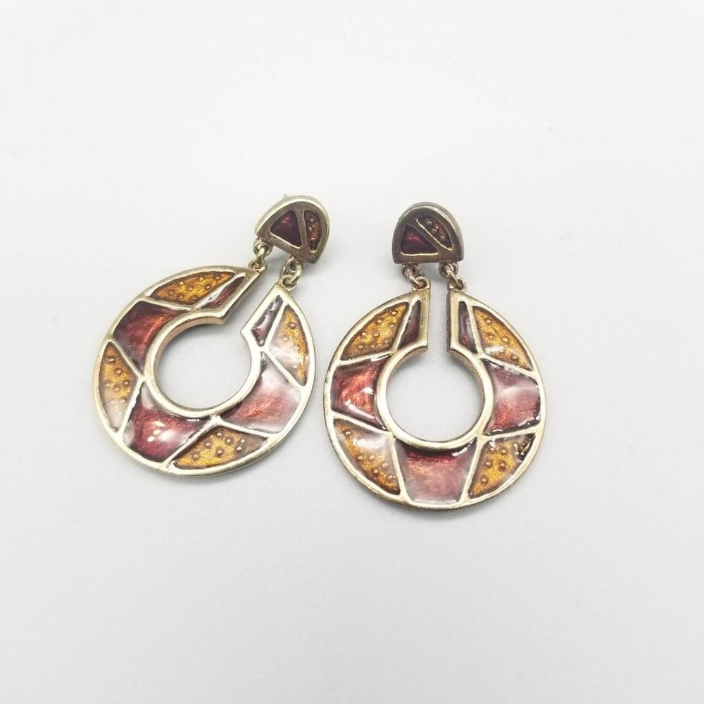 Brown and Red Metal & Enamel Earrings